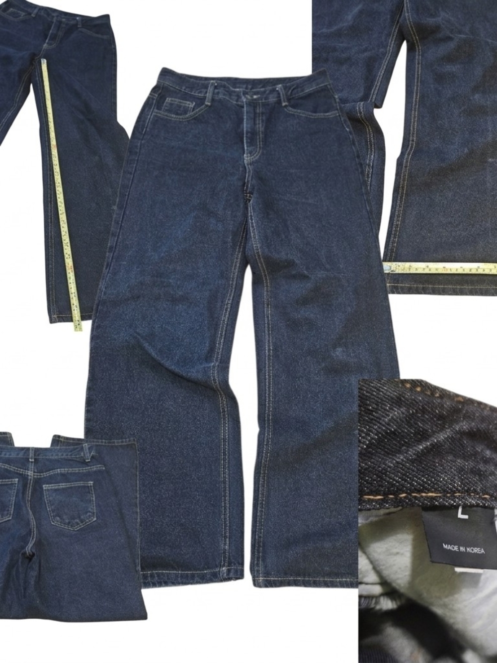 ​Korean Wide Leg Denim Jeans Dark Wash Baggy Relaxed Fit Size L Made in Korea